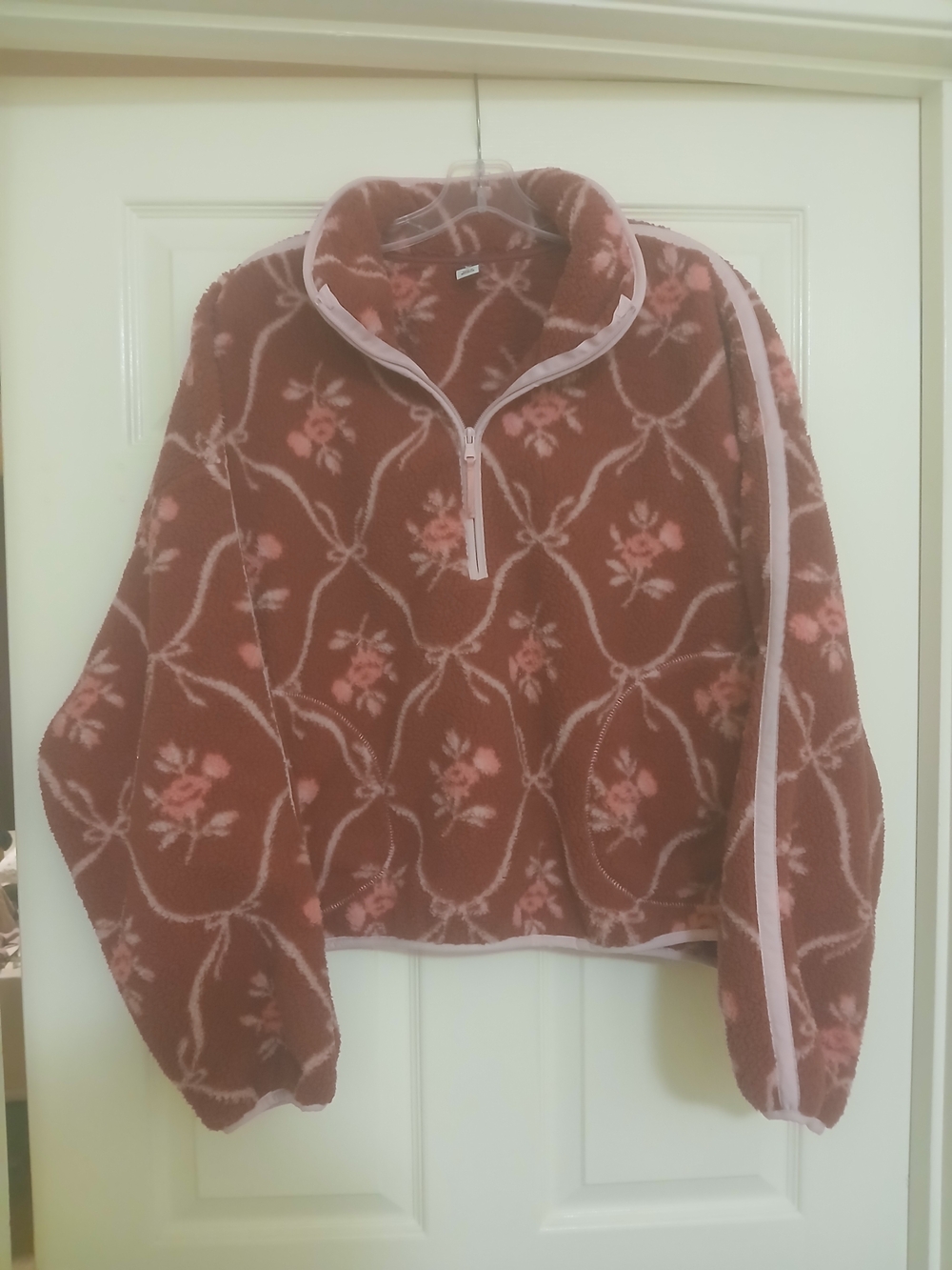 Cozy Floral Half-Zip Fleece Pullover in Rose Brown